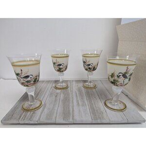 Chickadee Flute Goblets Champagne Glasses 6 3/4" Stemmed Set of 4 Hand Painted